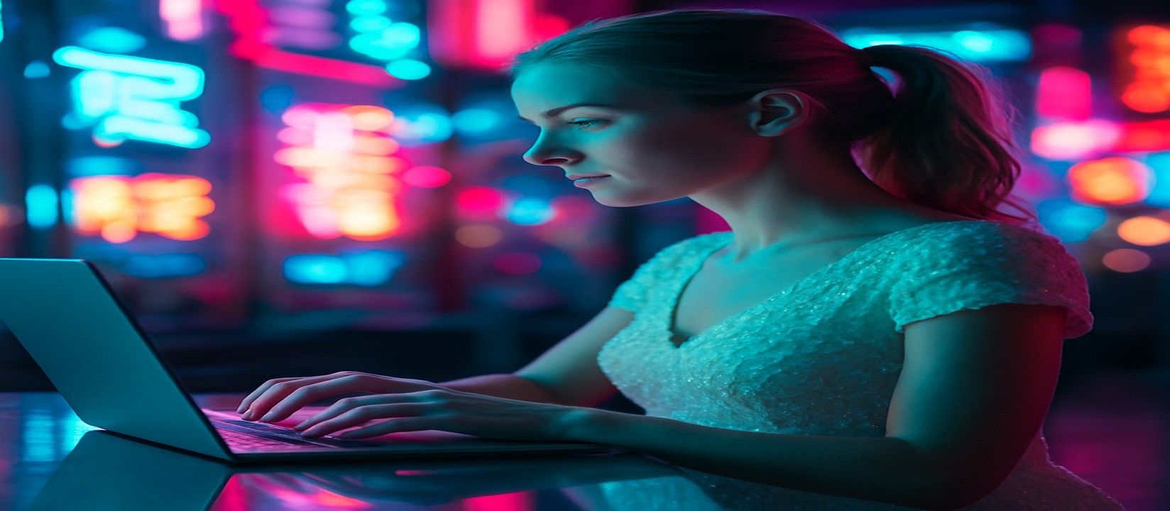 okww features a woman bathed in neon lights as she plays a laptop game.