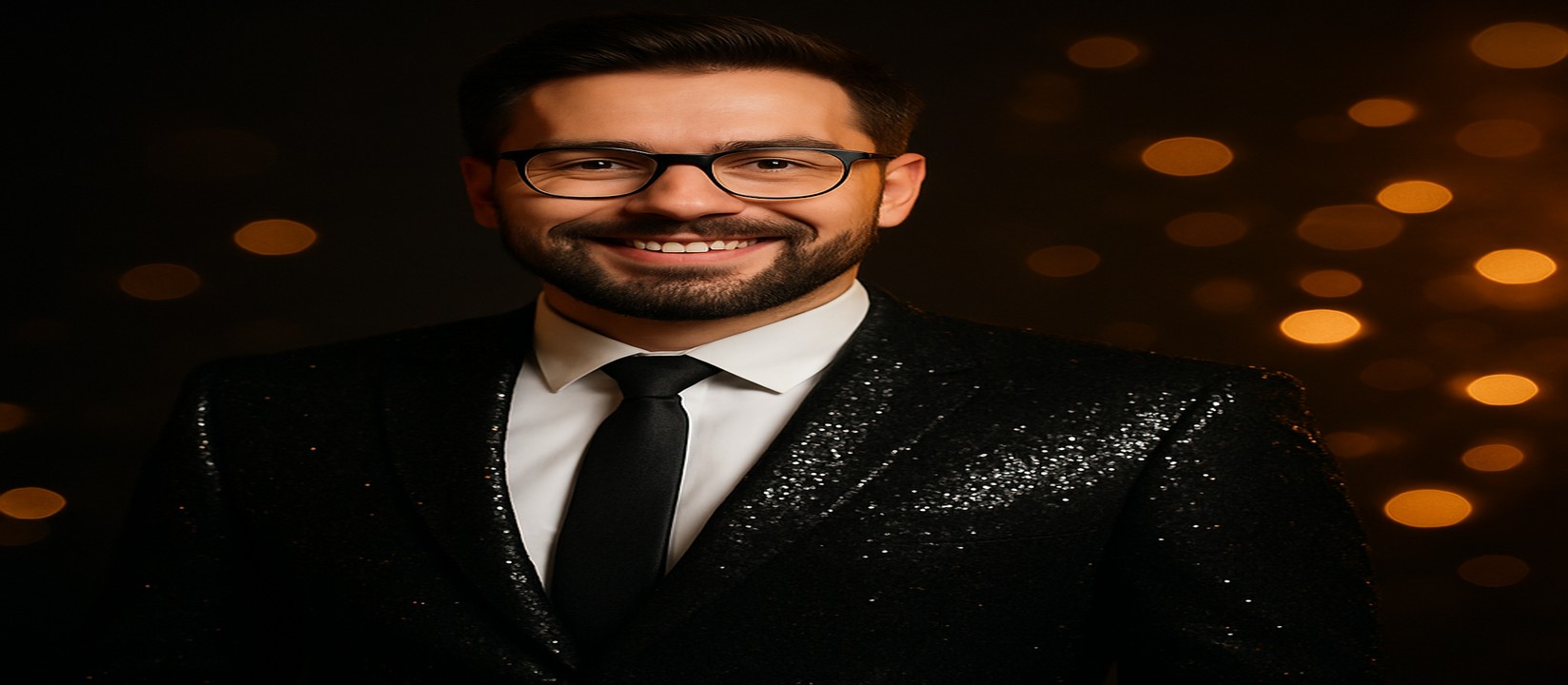 A confident man in a black suit, surrounded by golden illumination on okww