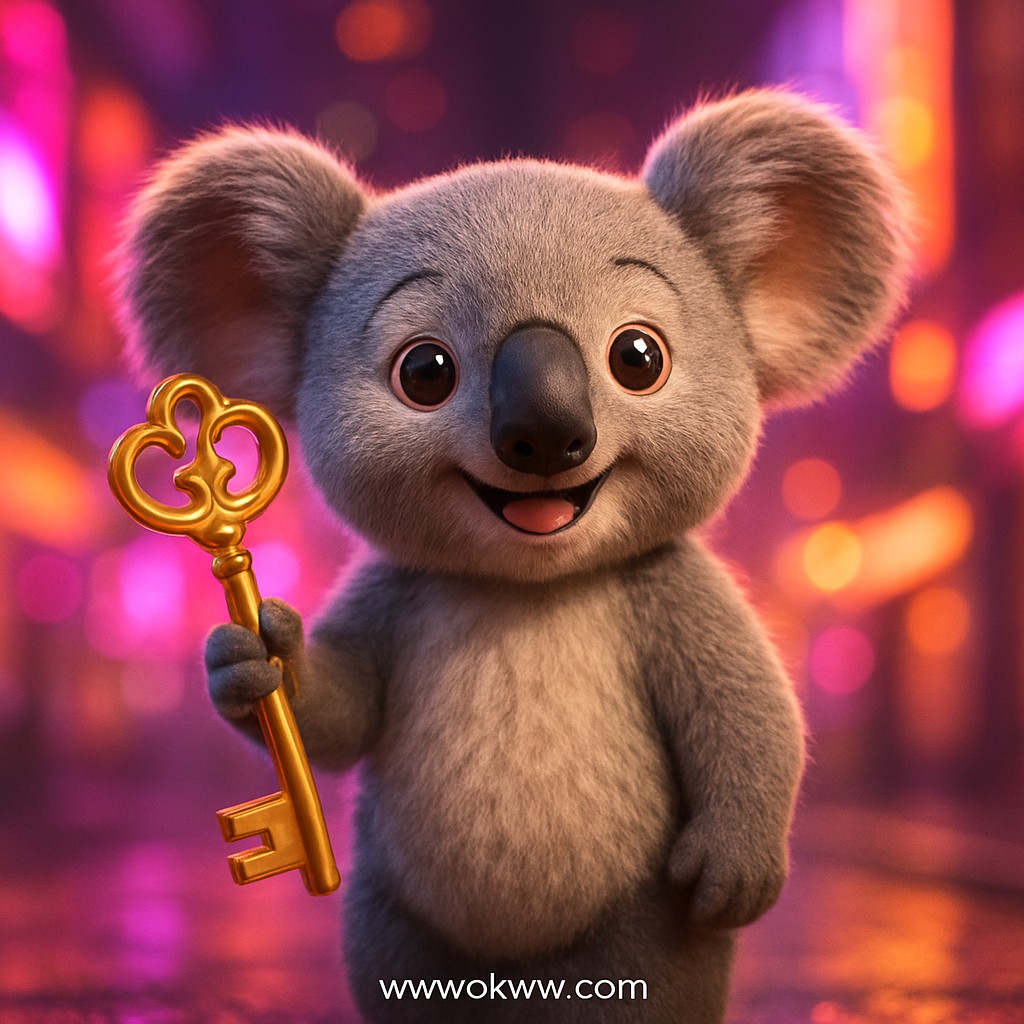 okww presents a joyful character holding a golden key against a vibrant gaming backdrop