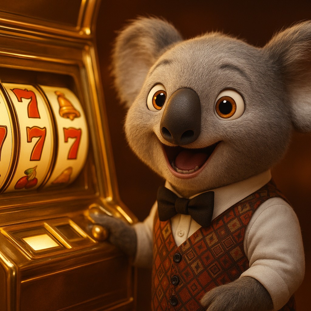 An elated character stands beside an arcade machine in the glamorous okww gaming platform setting.