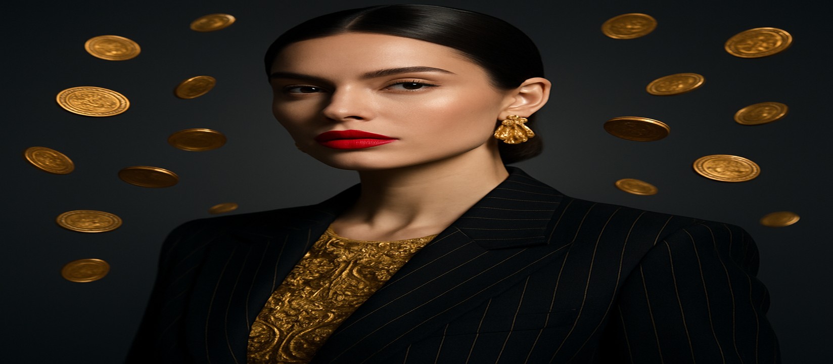 A woman in a black-striped dress with golden accents, surrounded by floating gold coins in an okww showcase