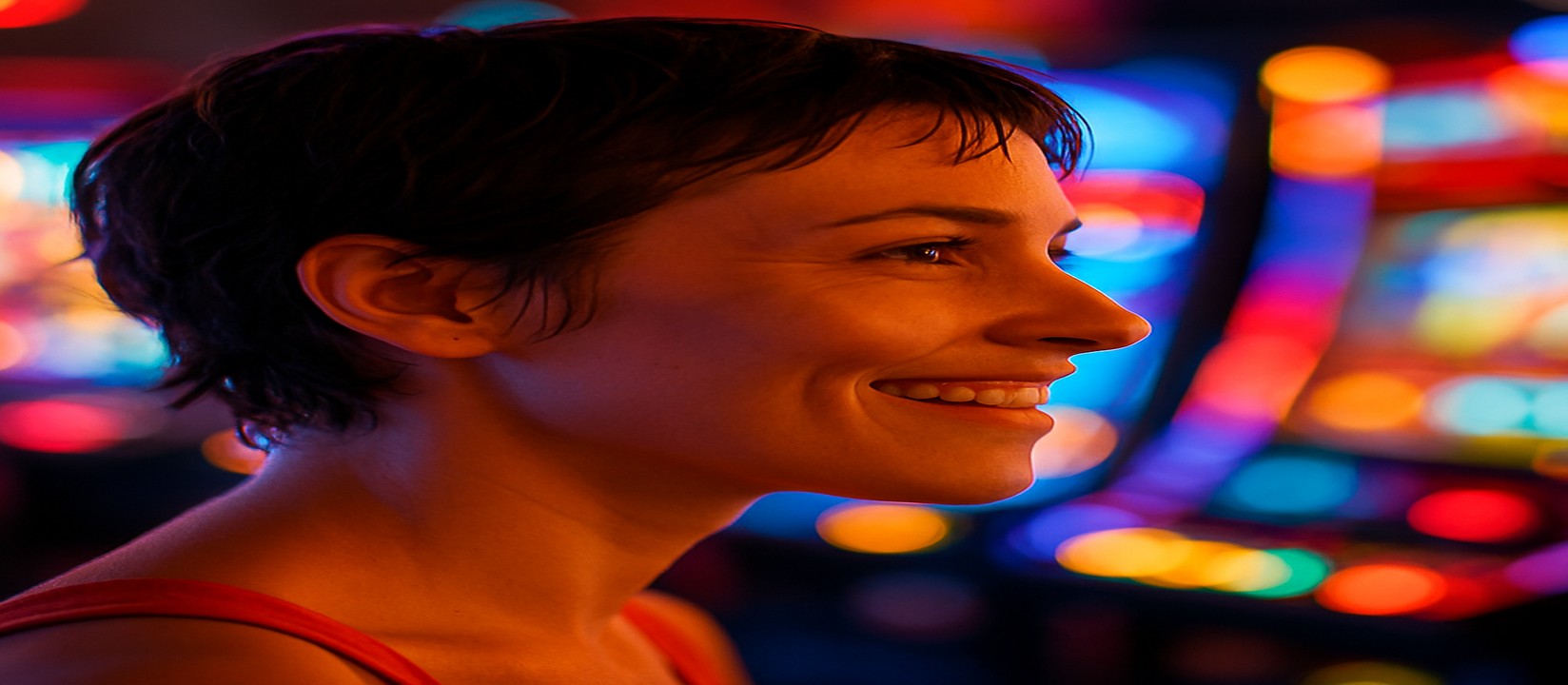 A smiling woman savoring arcade games beneath vibrant colored