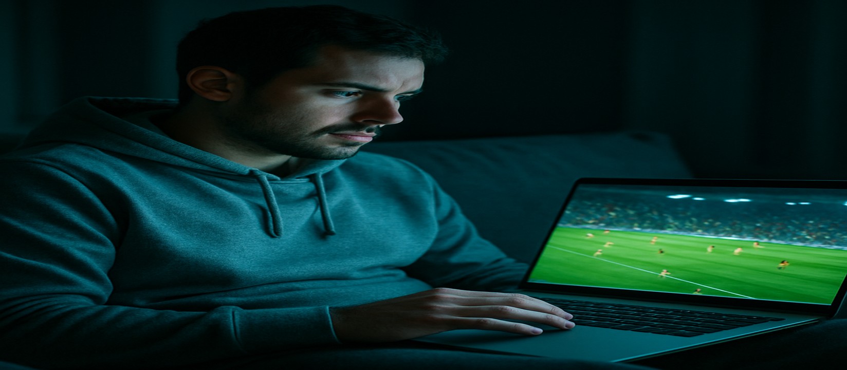 A user on the okww platform sits on the sofa and plays games on a laptop.